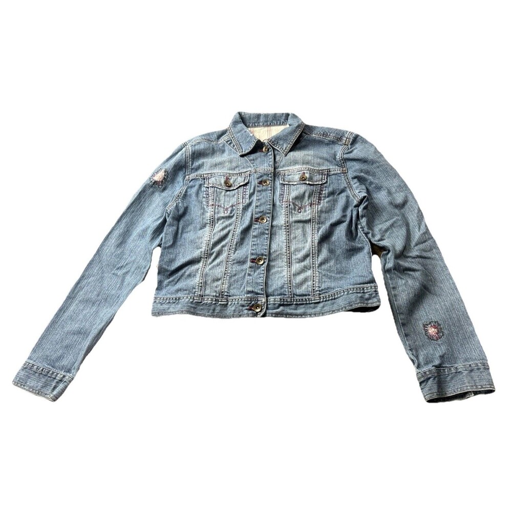 Lilu Women’s Distressed Denim Long Sleeve Jacket XL Juniors Blue
